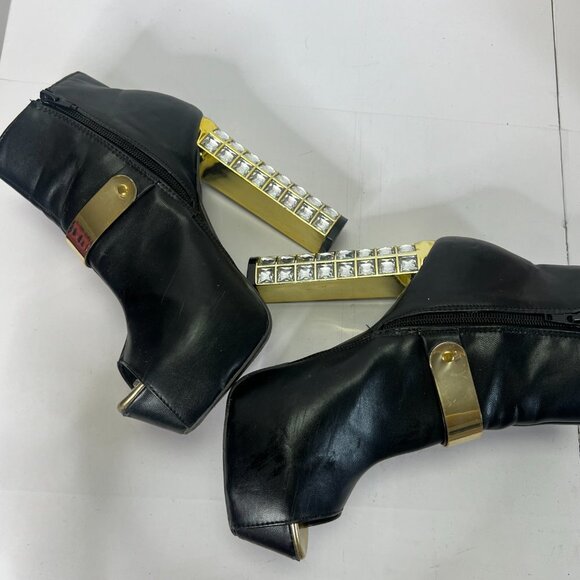 Crystal Platform Boots Block Heel Gold Vegan Leather Platform Stiletto Size 8 - Picture 5 of 7